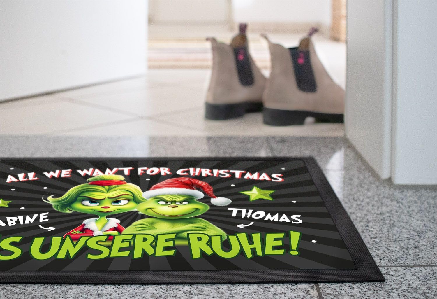 Personalisierte Weihnachts-Fußmatte 'Grinch' – Spruch Mit Namen, 60x40 Cm, Rutschfest & Waschbar