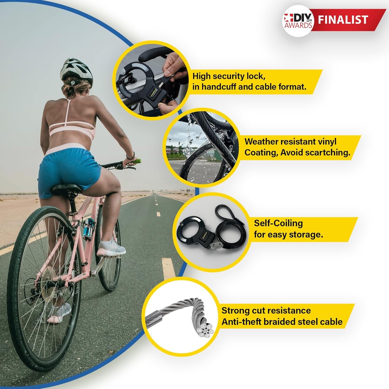 Goodyear Antivol menottes de vélo robuste – Haute sécurité | Construction en acier | Design flexible | Clés identiques pour plusieurs vélos | Résistant aux intempéries | Idéal pour une utilisation
