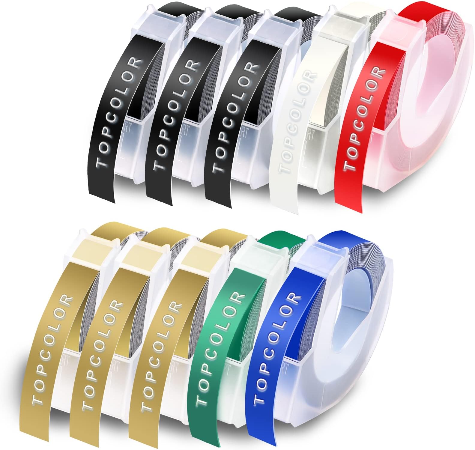 10-Pack 3D Label Tape Compatible for Dymo 3D Embossing Tape 9mm 3/8" Plastic Labels for Organizer Xpress Pro 12965 12966 Office Mate II Label Maker Refills, Black/Gold/Clear/Blue/Red/Green