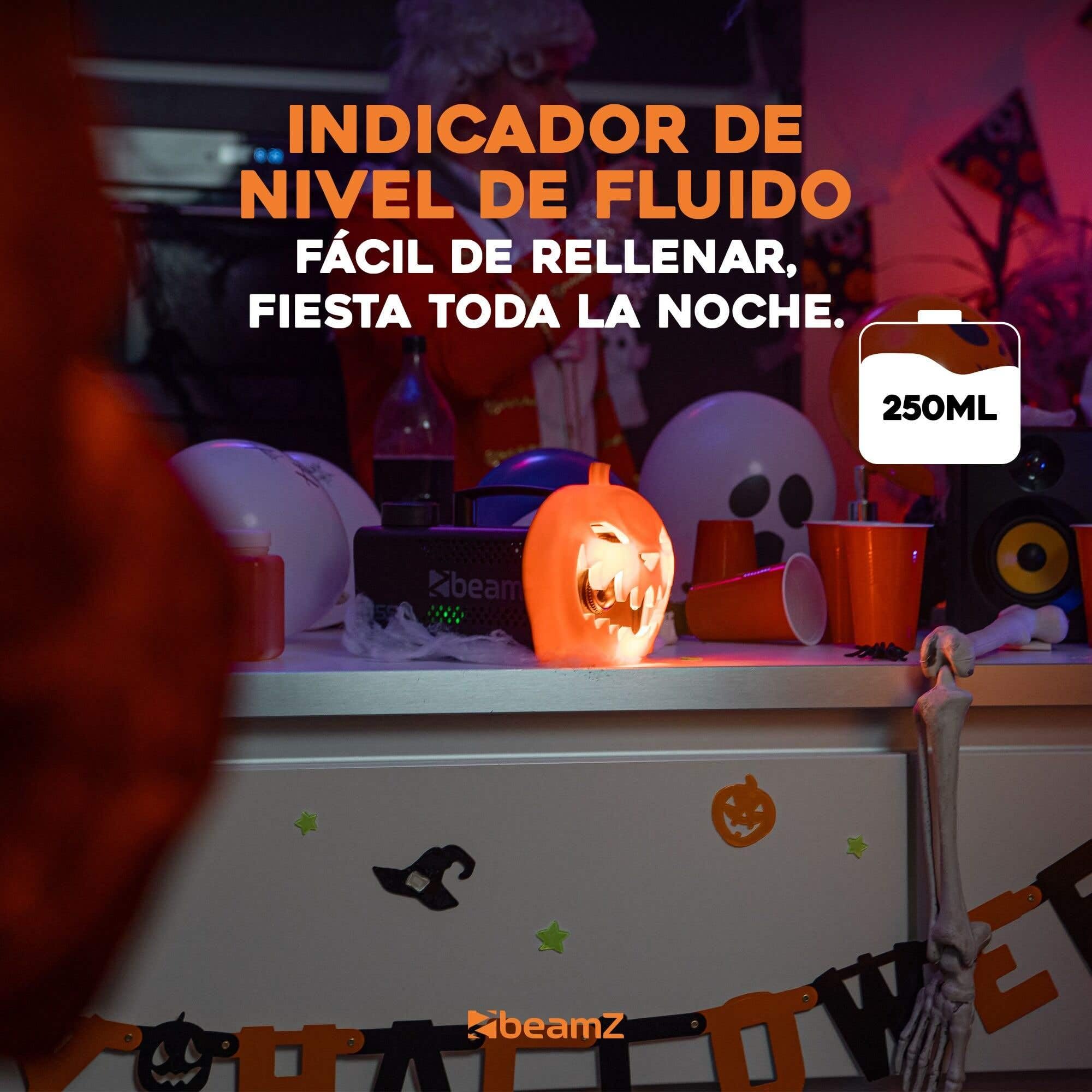 BeamZ S553L Nebelmaschine Halloween Deko mit LED Kürbis Kopf - 550 Watt Rauchmaschine mit 5L Flüssigkeit, 2-in-1 mit Halloween Kürbis Deko, 16 Farben Lichteffekt, Soundeffekt Nebelmaschine Mini