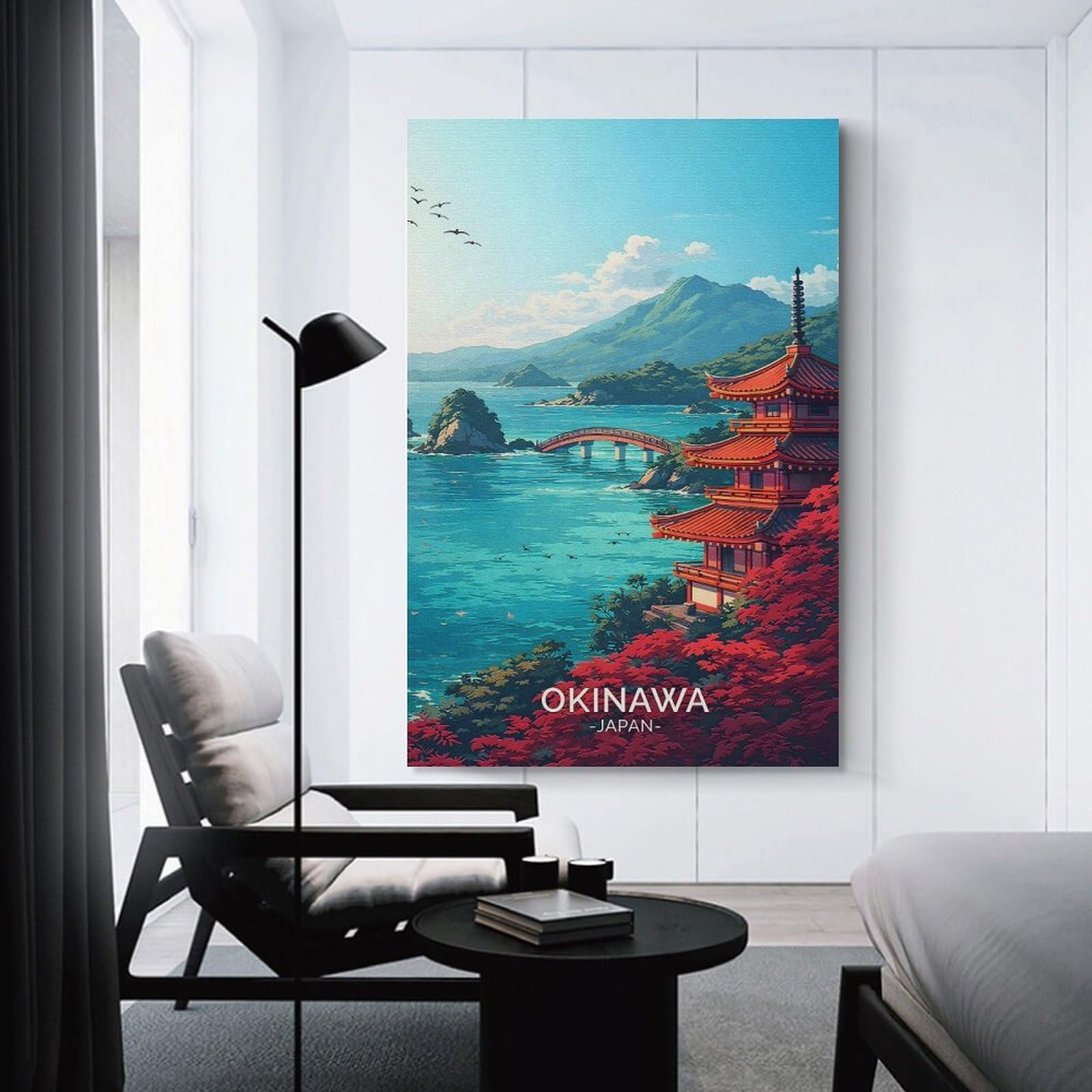 Junmoney Hanging Wall Art Okinawa Japan Pagoda Landscape, 24x36inch(60x90cm), for Small Homes, Bedrooms Or Open Spaces, Wall Decor with Flexible Room Appeal