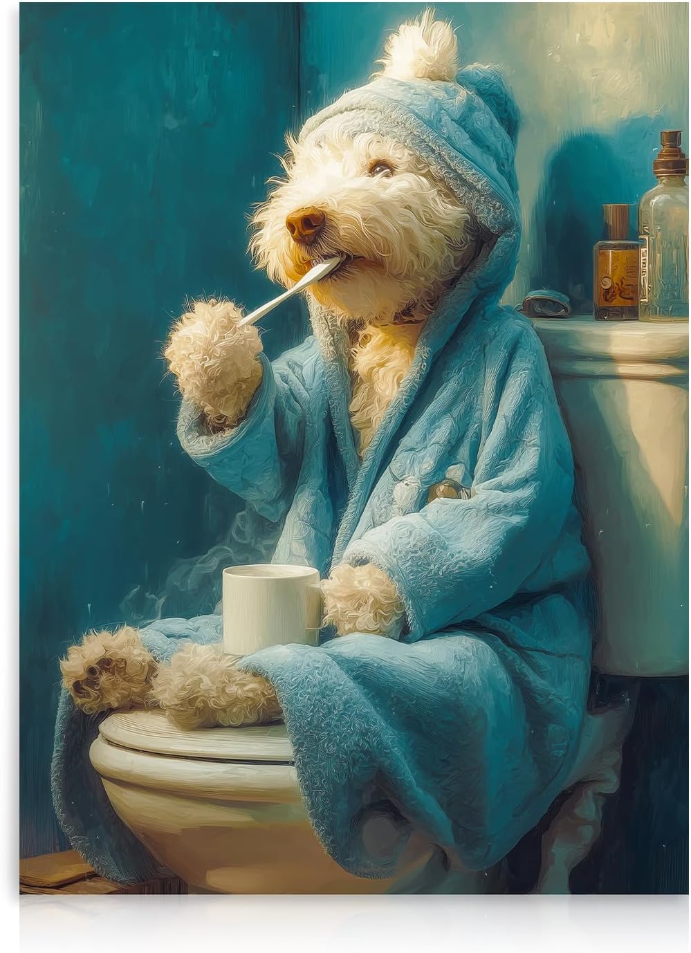 Dazzlewall Funny Dog Wall Art Poster White Dog Brushes Teeth In Teal Bathrobe Picture Funny Bathroom Animal Wall Art Print 12 x 16 inch Unframed