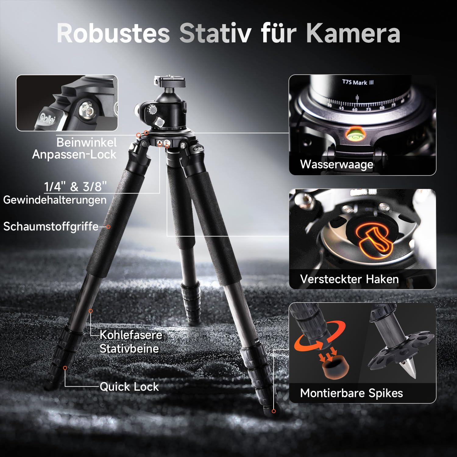 Rollei Rock Solid Alpha Mark III 166cm Professionelles Kamerastativ Carbon – Bild 4