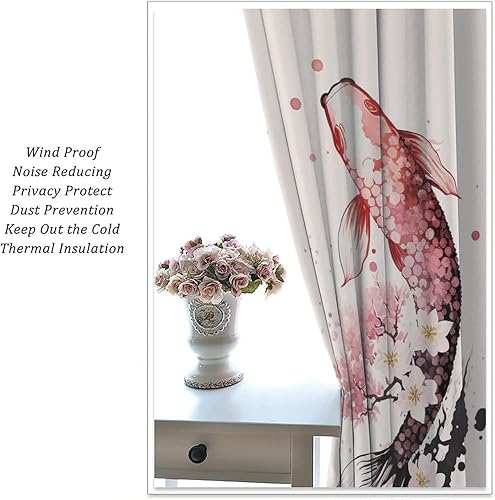 Miniatura 5 de Yin Yang - Cortinas opacas con diseño de pez Koi, flor de cerezo japonés, para oscurecer la habitación, decoración de ventana para sala de estar, 26