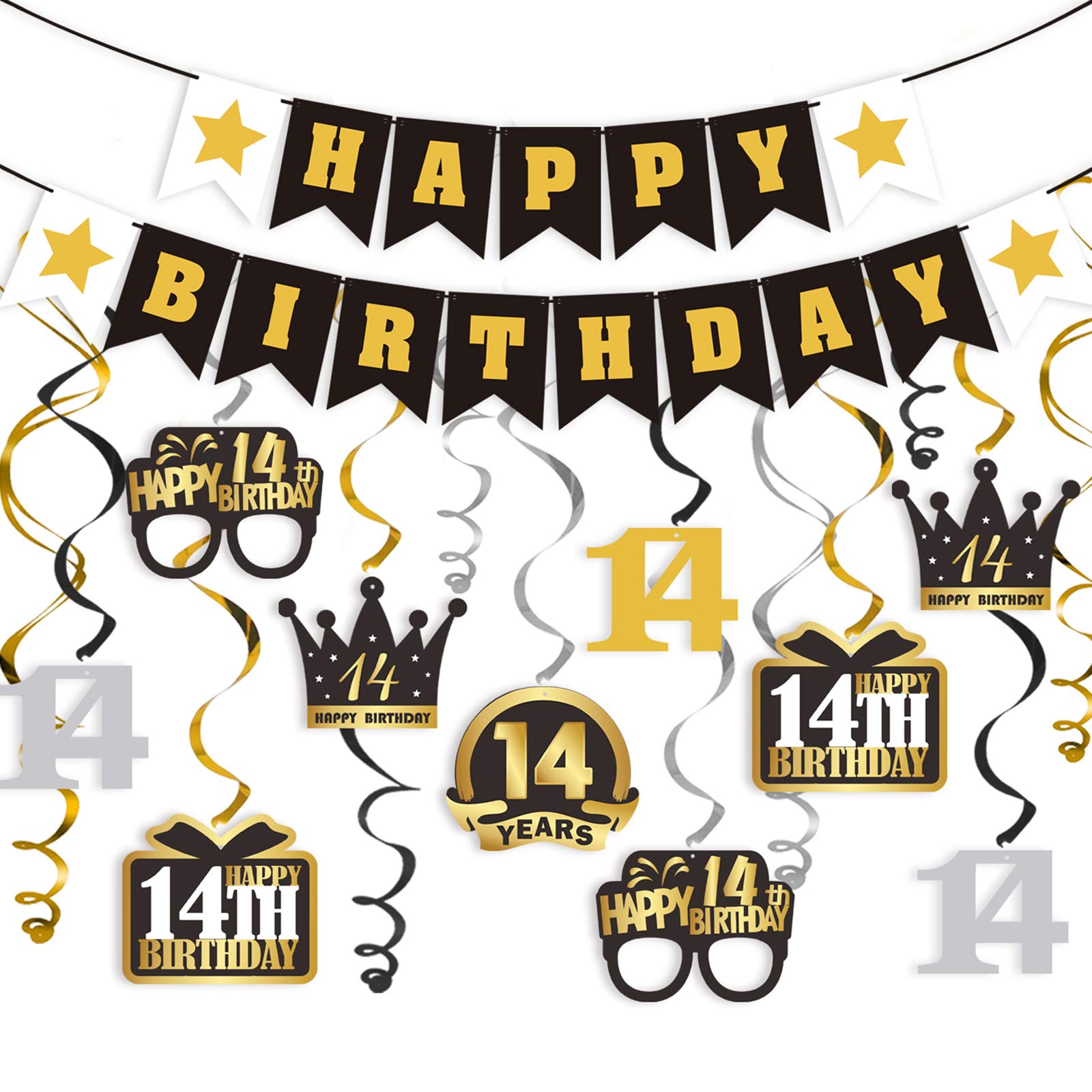 LINGTEER 14 Birthday Decorations Set - Happy 14th Birthday Party Swirls Streamers Crown Glasses Gift Box Sign Happy Birthday Garland Banner Cheers to Fourteen Years Old Birthday Party Supplies