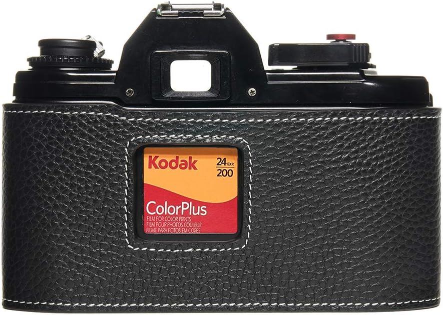 for Nikon EM Case, BolinUS Handmade Genuine Real Leather Half Camera Case Bag Cover for Nikon EM Camera with Hand Strap (Black)