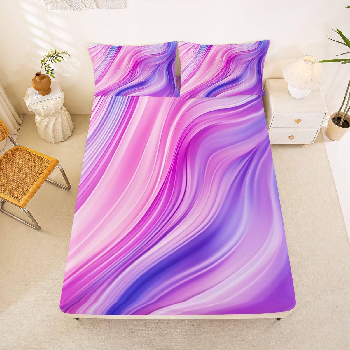 Manfei Juego de sábanas bajeras de 3 piezas estilo bohemio, teñido anudado, con 2 fundas de almohada, decoración de habitación de niños y niñas, color pastel fluido, suave, 3 piezas (sin plana)