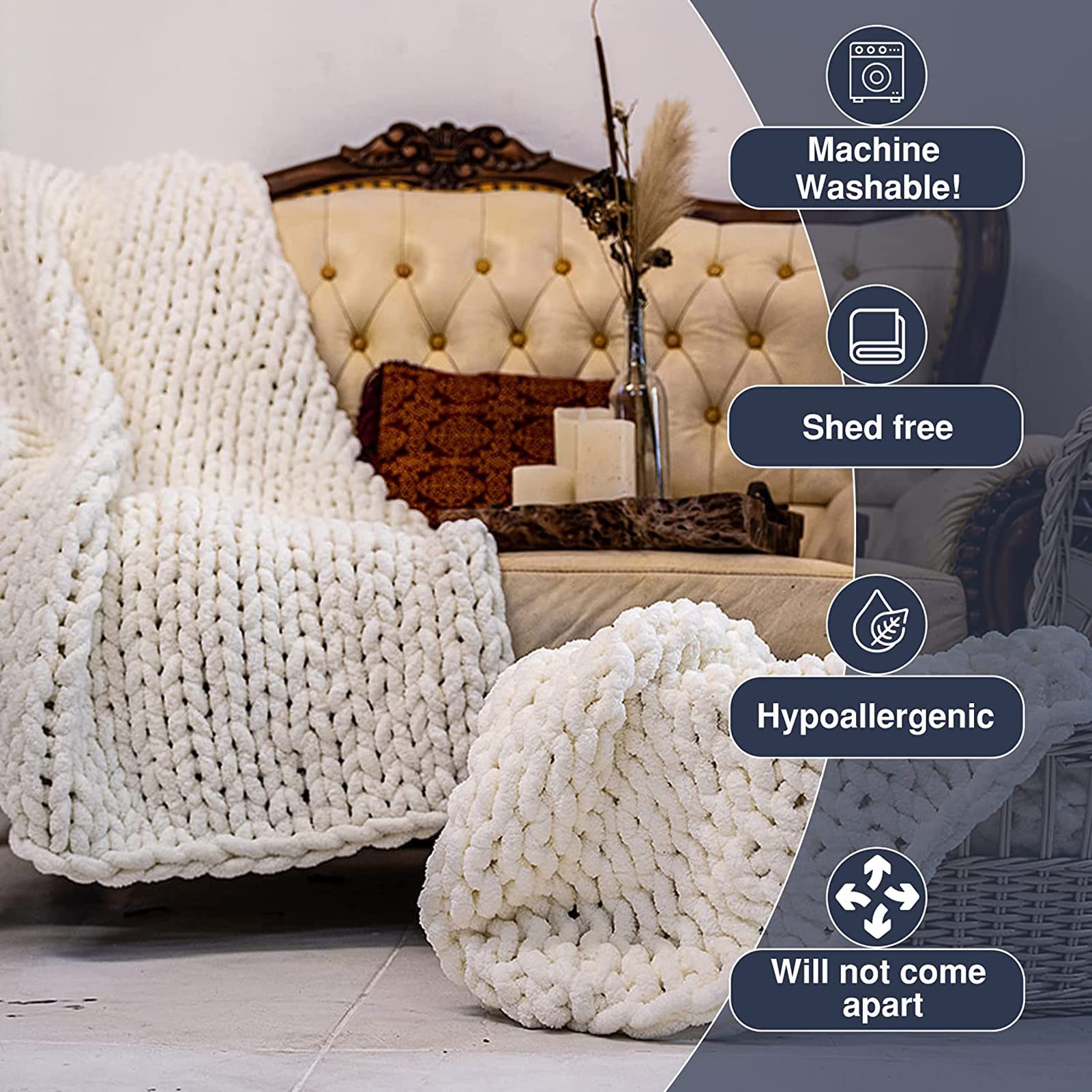 Coperta a Maglia Grossa Coperta in ciniglia Fatta a Mano Morbida ciniglia Coperta a Maglia Larga per Divano da Camera da Letto
