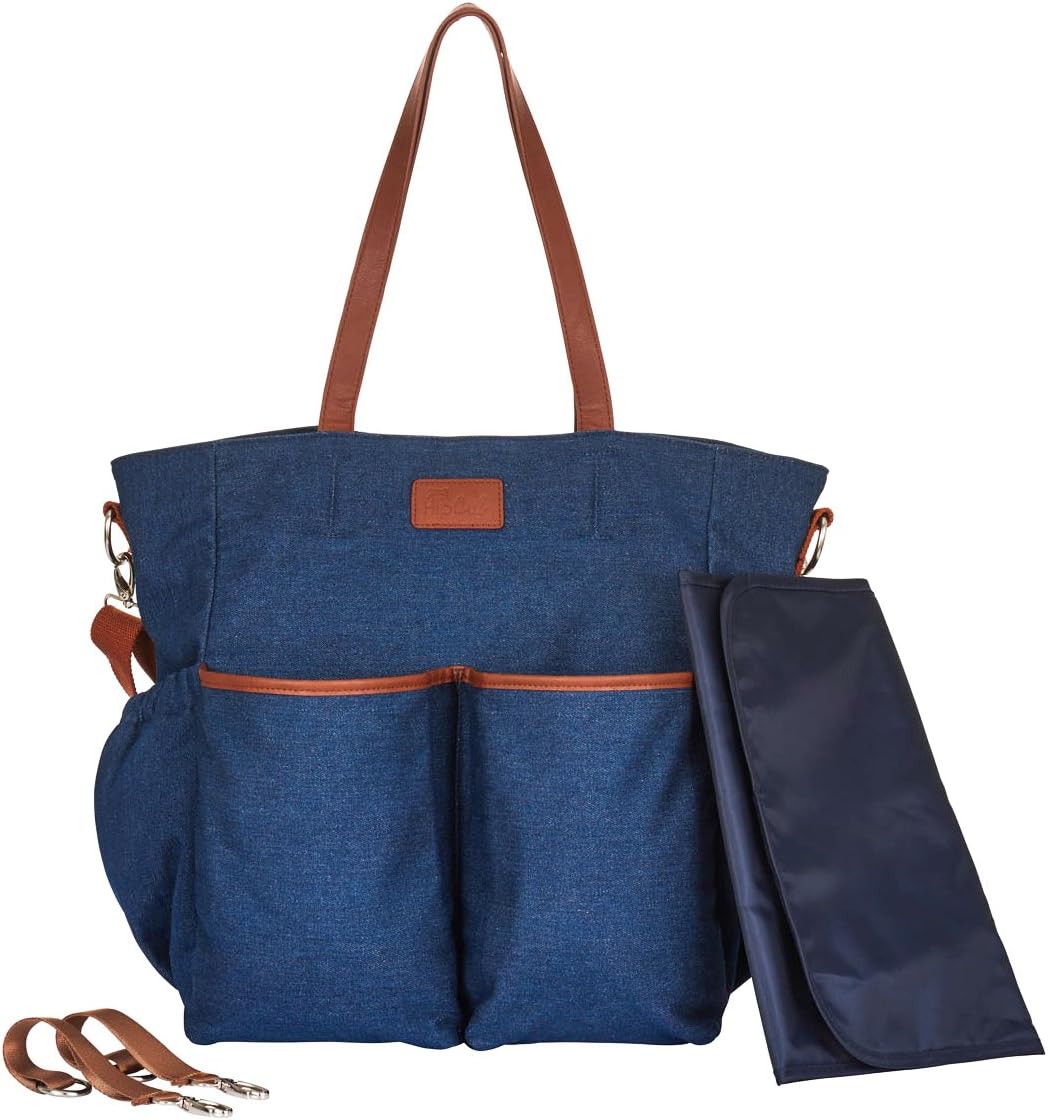Diaper Bag Tote Large Unisex Stylish Travel Baby Bag by Hip Cub for Mom and Dad with Changing Pad and Stroller Straps, Denim
