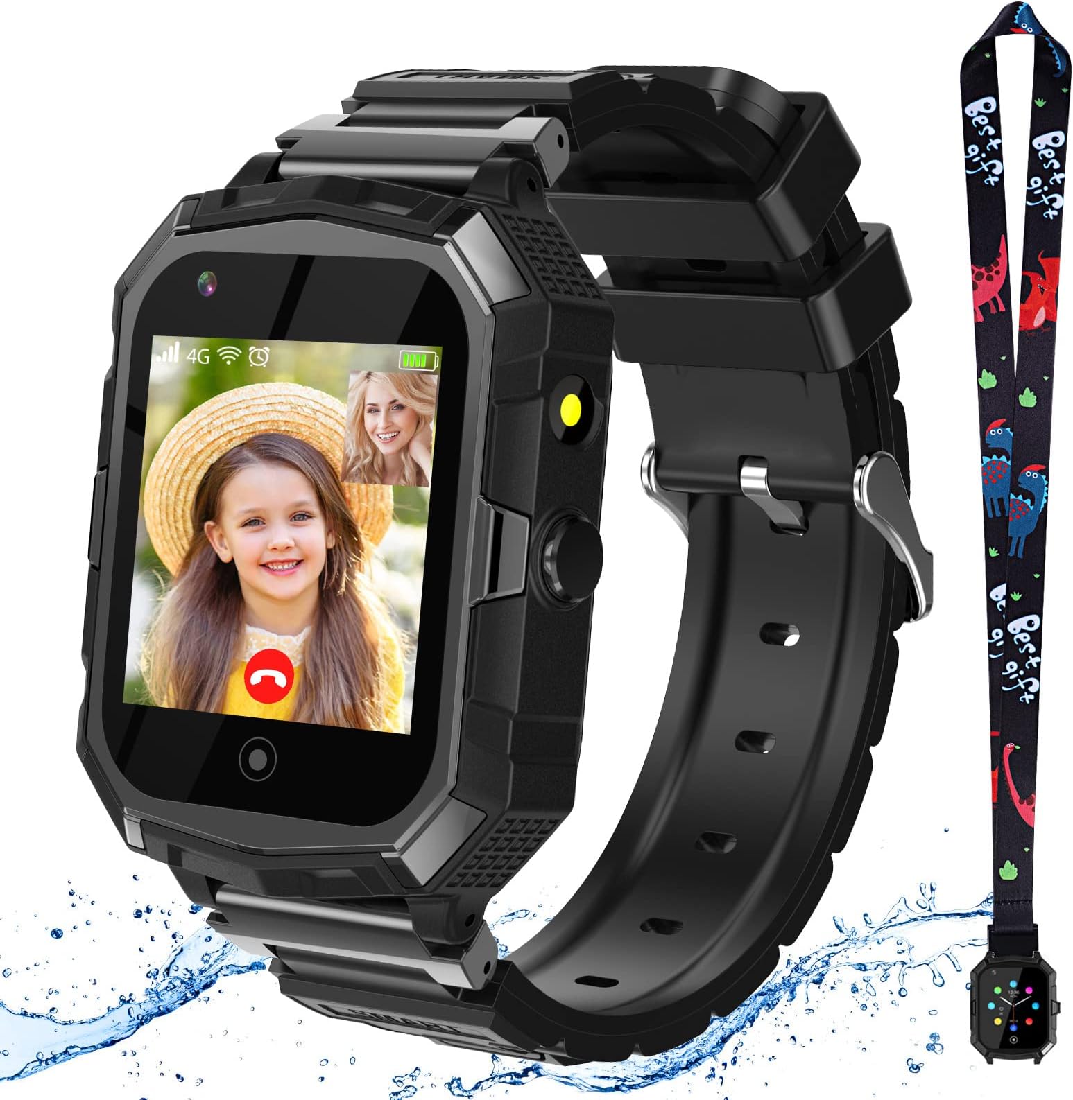 4G GPS Smartwatch for Girls Boys, Children's Mini Cell Phone with Calling, SOS, GPS, Camera, Flashlight, 2-Style Cartoon Straps Life Water Resistant for 3-12 Years Kids Birthday Xmas Gift (T32-Black)