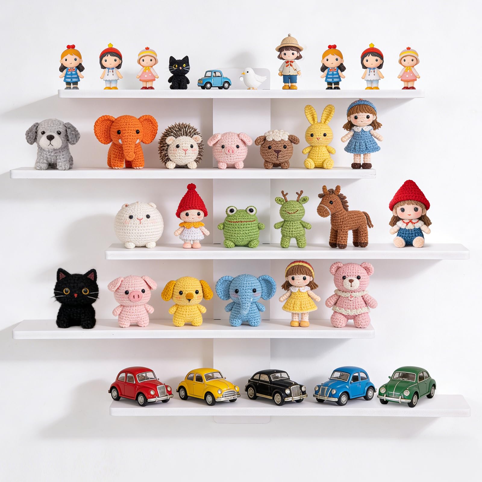 Plliocse 5 Tier No Drill Floating Wall Shelves, Mini PVC Wood-Plastic Display Rack, Max 0.5kg Per Layer, Small Decor Storage for Bedroom Bathroom Kitchen