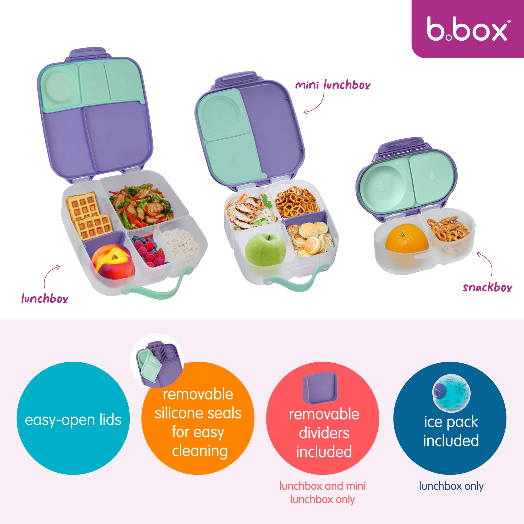b.box Lunch Box for Kids | Bento Box | 4 Compartments (2 Leak proof), Large Size for Big Appetites | Gel Cold Pack Included | Kids 3+ years (Lilac Pop, 2L capacity)