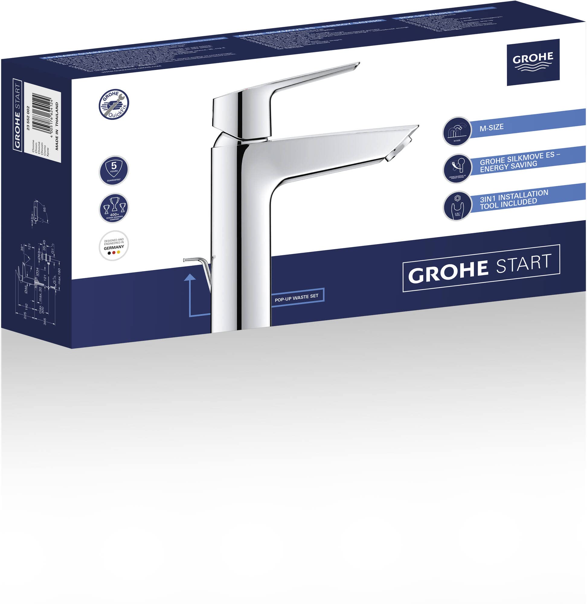 GROHE QUICKFIX Start 23552002 bateria umywalkowa jednouchwytowa (oszczędność wody, rozmiar M, w zestawie narzędzie montażowe 3 w 1, szybkie mocowanie), chrom,