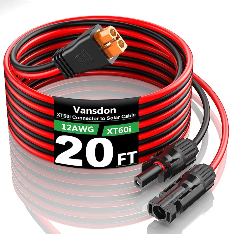 Cabo de extensão solar para XT60i Vansdon 12 AWG, 6,1 m, conector solar para estação de energia portátil, gerador solar, painel solar e bateria, vermelho/preto
