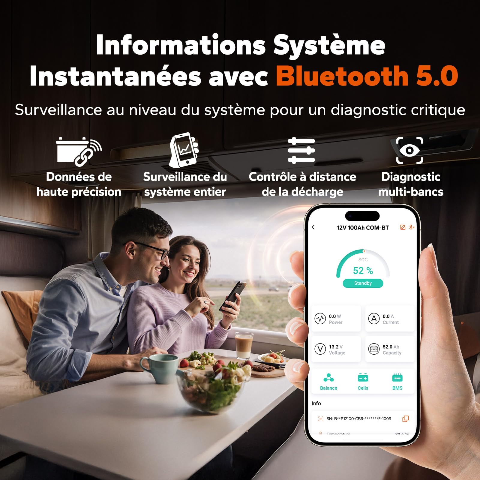 LiTime Batterie Lithium LiFePO4 12V 100Ah Bluetooth Compatible avec Victron Système pour Camping-Car, Communication CAN/RS485, 4000-15000 Cycles Profonds, Parfait pour Système Solaire, Hors Réseau
