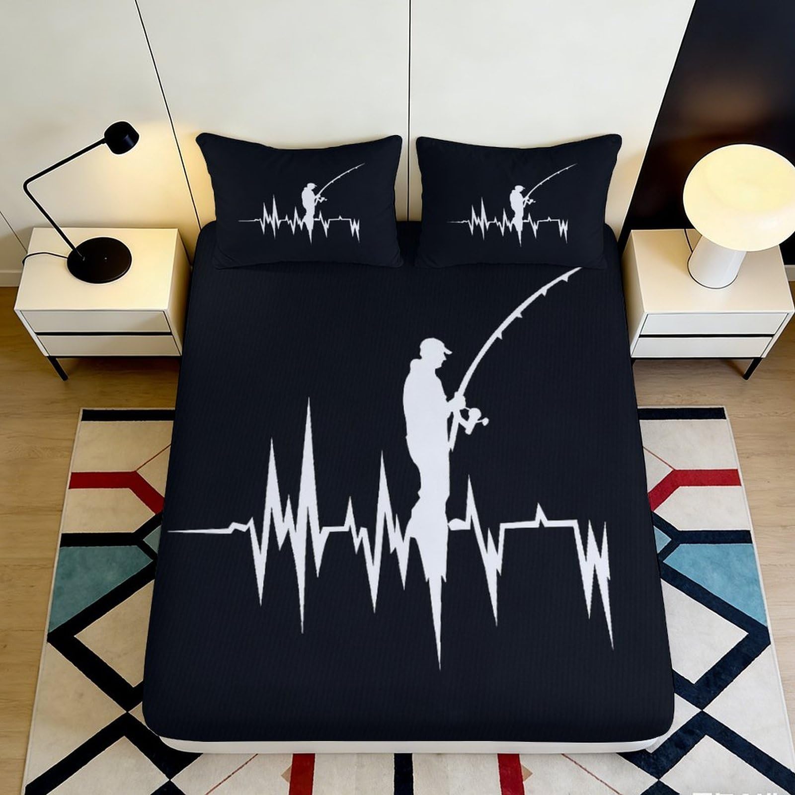 3D Printed Fishing Heartbeat Fitted Sheet Microfiber Deep Pocket Bedroom Bedding Anti-Slip Fishing Mattress Fitted Cover Washable for Adults Teens 160x200x25cm