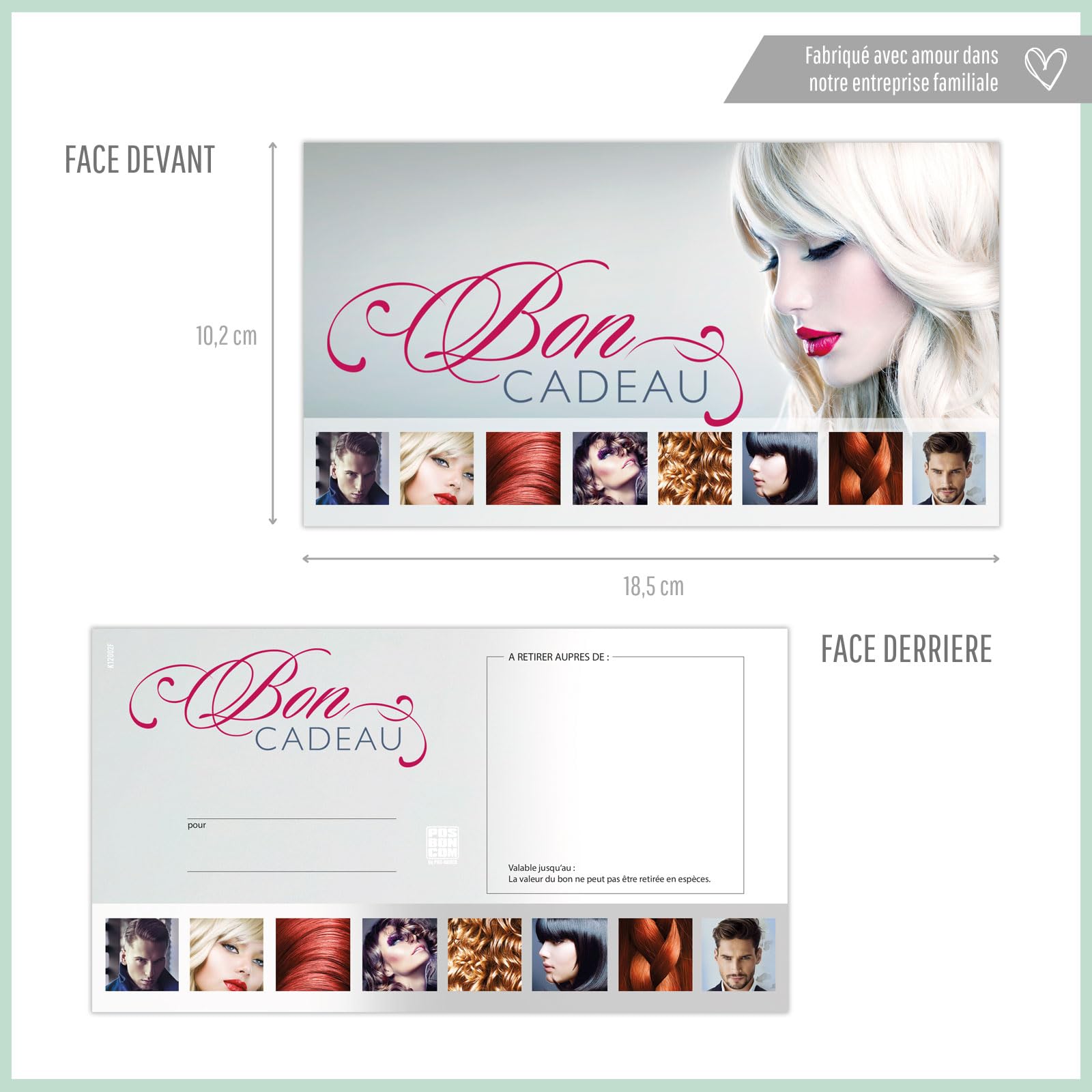 POS BON - 100 bons cadeaux à remplir avec enveloppe/nœud ruban - formulaires imprimés pour des salons de coiffure K12002F-2-100-V1