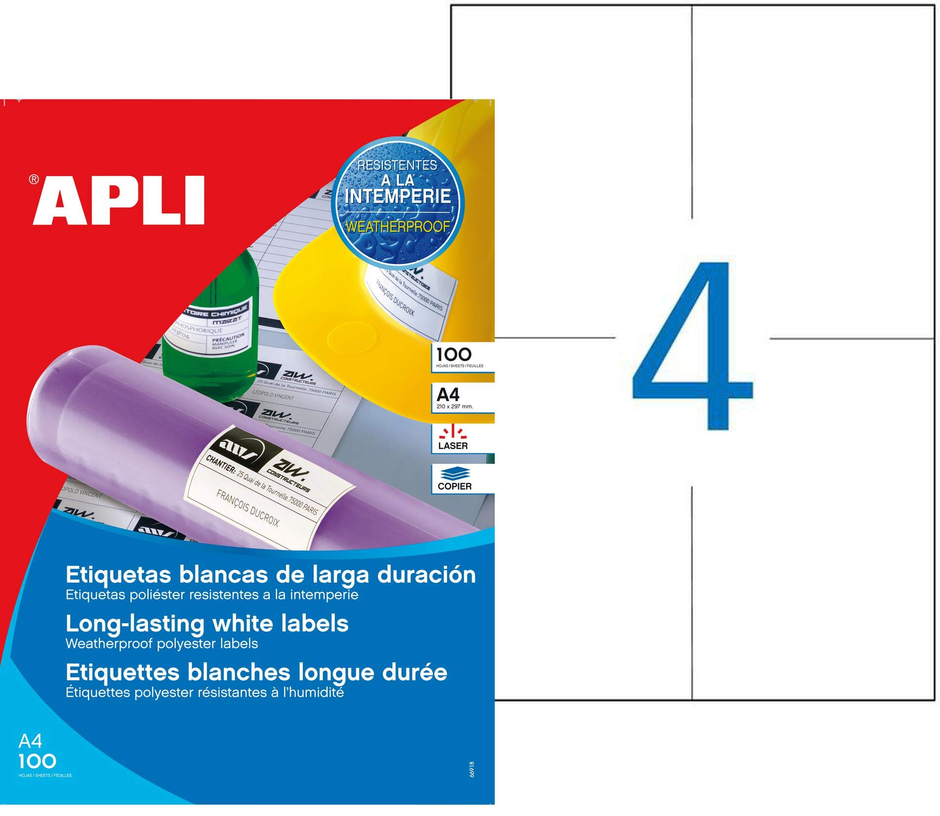 Apli 101169 Lot de 400 Etiquette polyester laser/copieur 105 x 148,5 mm Blanc