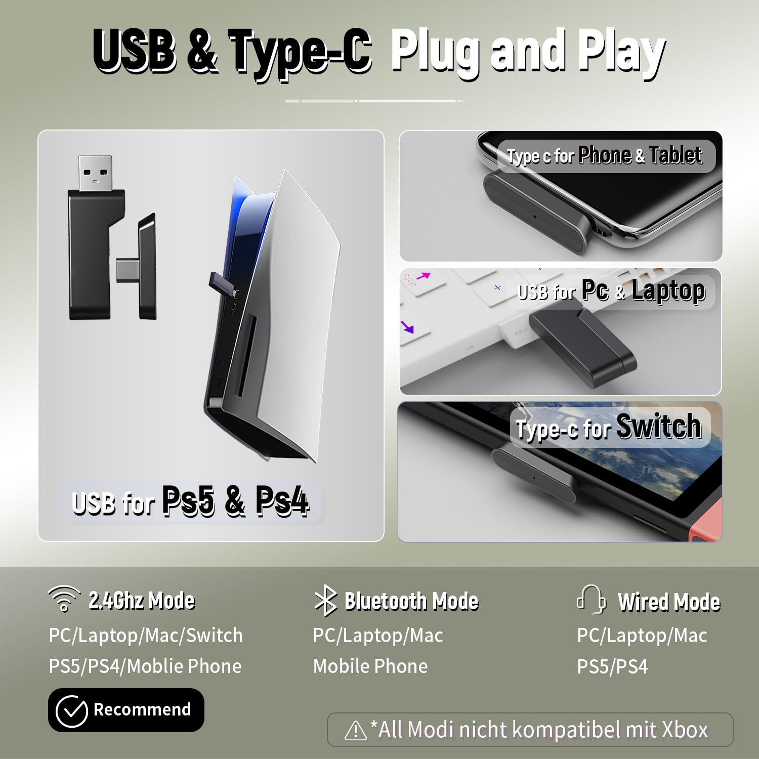 Cuffie Gaming Wireless per PC/Ps5/Ps4, 2,4GHz Wireless+5.3 Bluetooth, Cuffie con Microfono 7.1 Qualità Audio Senza Perdita di Bassa Latenza, Durata di Oltre 30+ Ore, mimetico