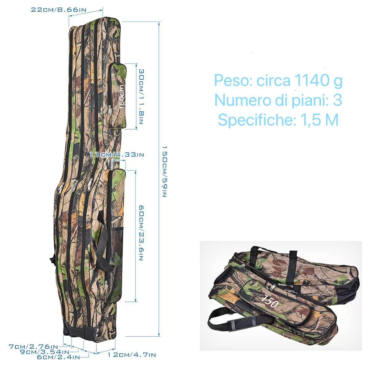 Torba na wędkę, torba wędkarska 150 cm, dwuwarstwowa torba na wędkę kamuflażową, wodoodporna i o dużej pojemności, do transportu wędek i sprzętu wędkarskiego