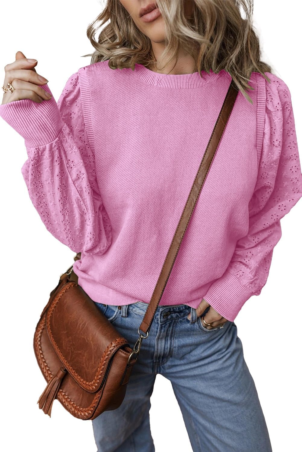 APOFER Women's Hollow Out Lace Long Sleeve Embroidered Sweatshirt Casual Loose Fit Crew neck Knit Pullover Tops image 2