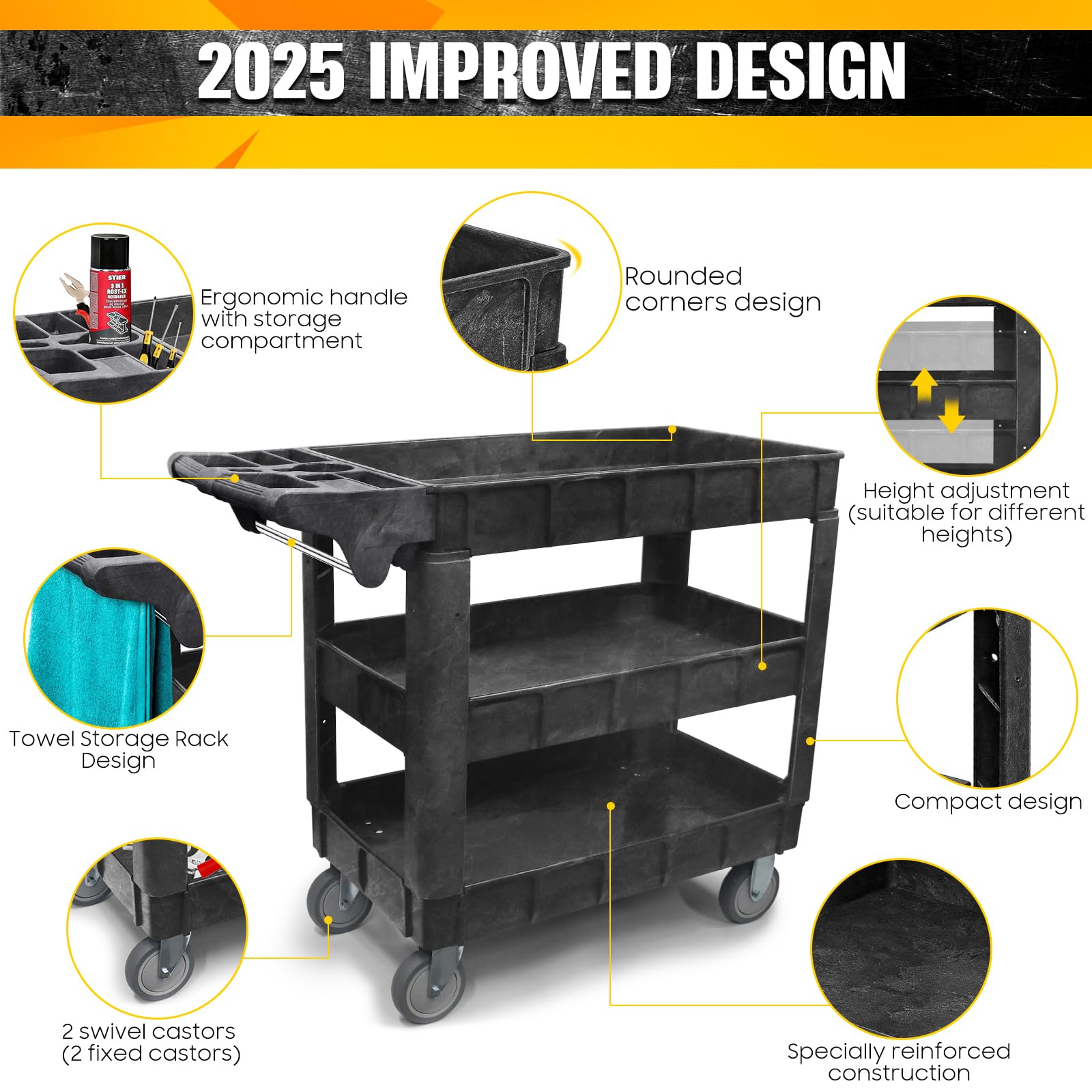Carrello da officina a 3 ripiani (103×44×85 cm), capacità 250 kg – ripiani regolabili, ruote piroettanti e maniglia con scomparti – mazzuolo in gomma incluso