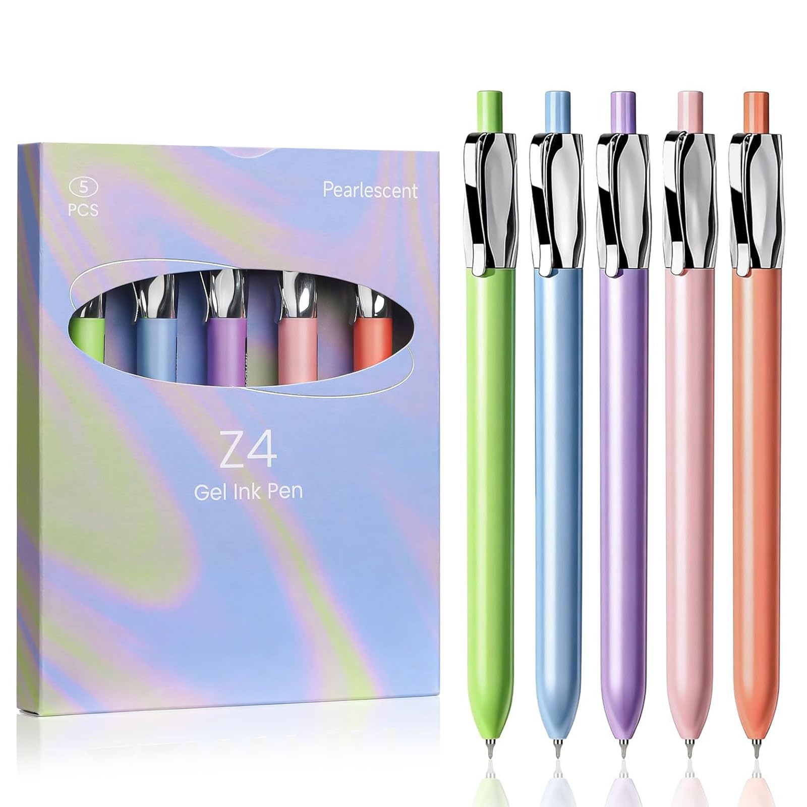 Gel Pens Set, 5 PCS 0.5mm Fine Point Smooth Writing Black Ink Pens, Aesthetic Stationery with Plating Clip and Geometric Quick Dry Journaling Supplies Women School Office Writing Gifts (Pearlescent)