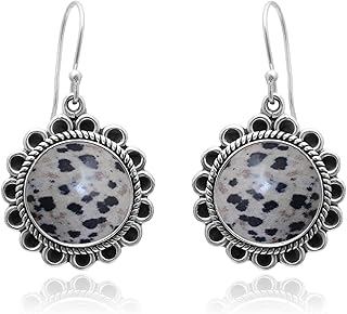 Veracity Jewelry Dalmatian Jasper Earrings For Women - 925 Sterling Silver Natural Dalmatian Jasper Handmade Jewelry Earrings - Black White Gemstone Inner Peace Dangle Earrings - Healing Meditation Handmade Gift Earrings - Birthday Anniversary Wedding Gift for Her Earrings (VSE-377)