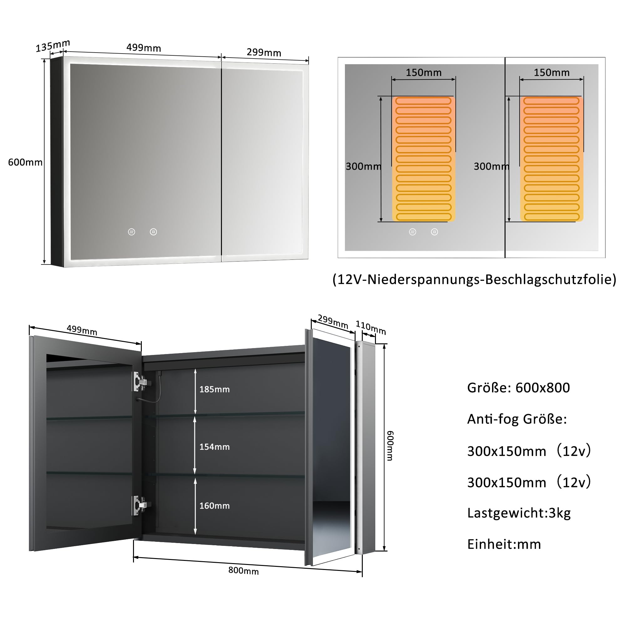 LED Spiegelschrank mit Beleuchtung 60x80x13,5cm Badezimmerschrank, Bad Metall Badschrank Medizinschrank Spiegel Kabinett mit 3-Farben Dimmbar, Beschlagfrei, 2 Glasablage