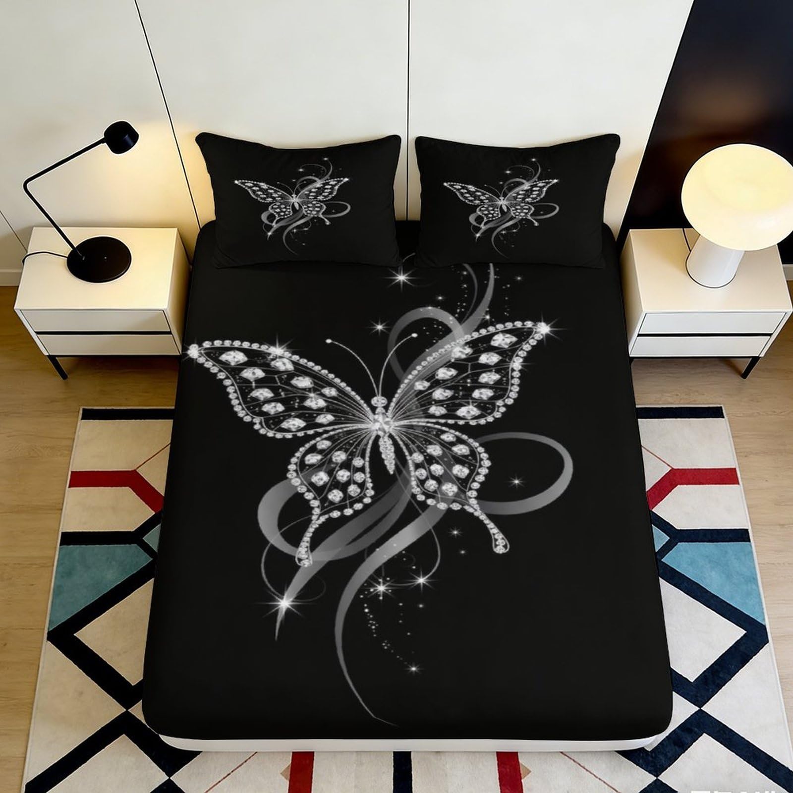 Pnayamiorkfel Style-1 3D Printed Diamond Butterfly Fitted Sheet Microfiber Black Bed Cover For Bedroom Guest Room Dustproof Washable 90X200x25cm
