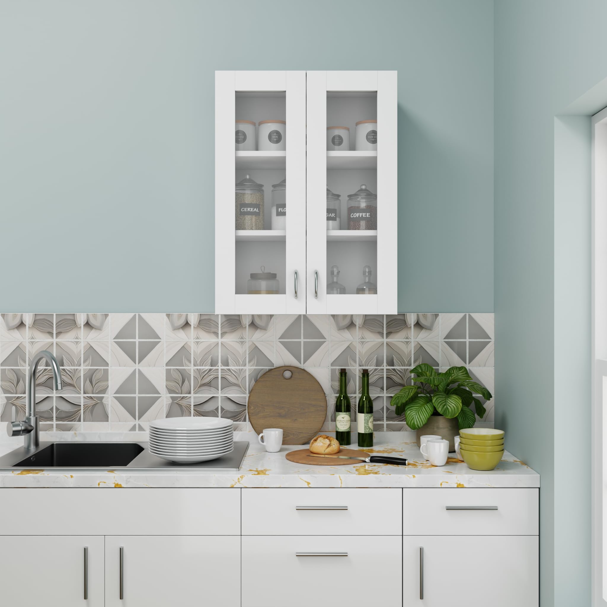 VIKI Furniture | Modular Kitchen Wall Cabinet – 2 Glass Door Cabinet | Space Saving Rack for Spices | DIY Home Storage Cupboard (Frosty White – 30D x 60W x 80H cm) | 1 Year Warranty-image-18