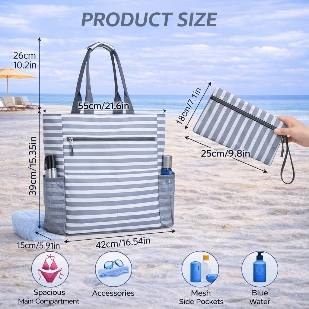Waterproof Foldable Tote Bag for Travel – Large Carry-On with Zipper Pocket for Beach, Gym, Airplane & Weekend Trips