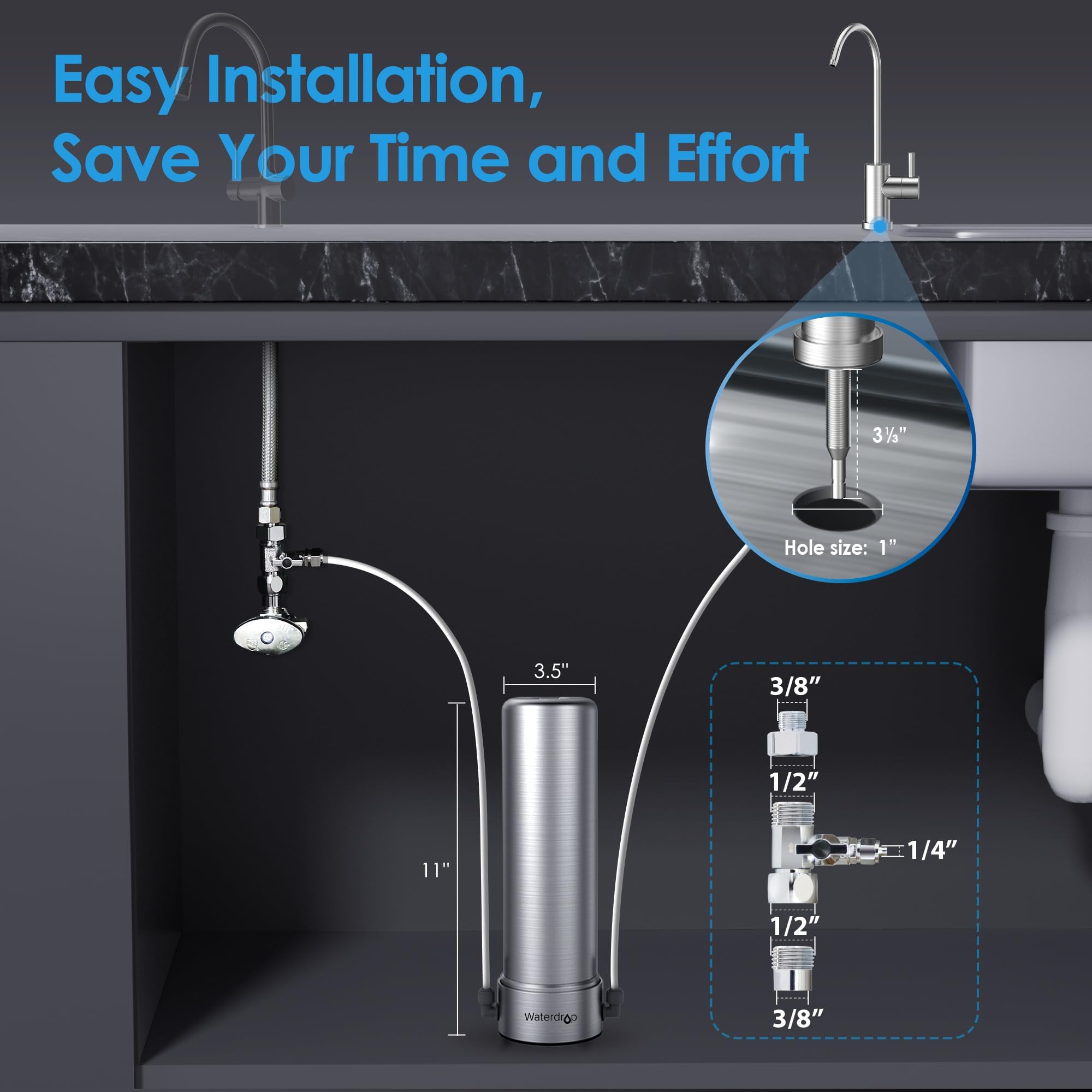Waterdrop AS13 Filtre à eau sous évier, pas de perçage nécessaire, réduit les PFAS, PFOA/PFOS, filtre en acier inoxydable à 6 étapes, capacité de 56 000 litres, débit de 2 gpm