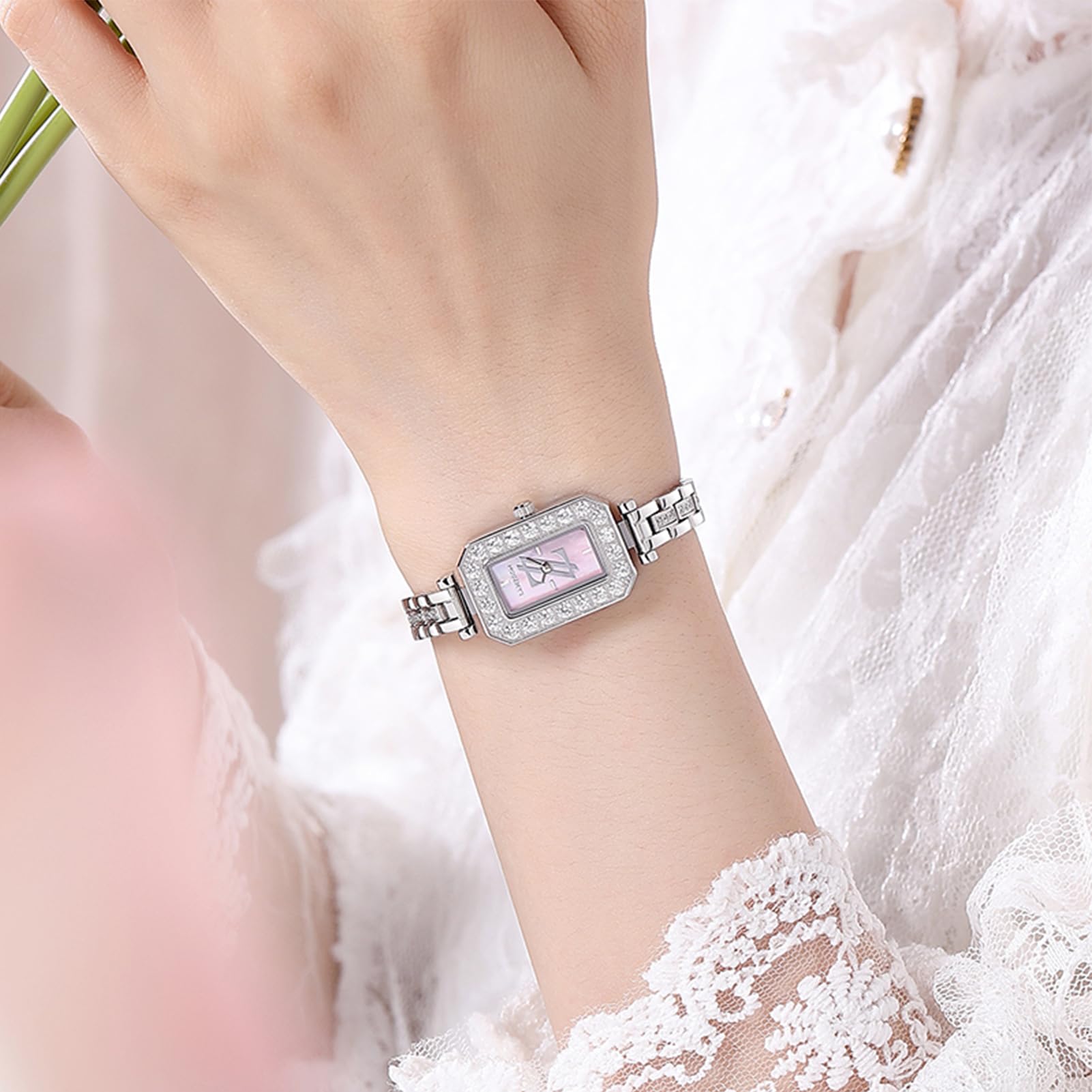 LANZOOM Diamant-Uhren für Damen, Gehäuse und Armband aus 316L-Edelstahl, mit rosa Perlmutt-Zifferblatt, Silber / Pink, Zierlich süß
