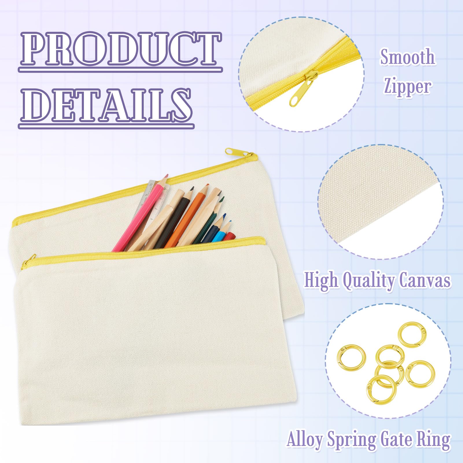 Bestewelry 6 pcs Canvas Bags for Craft Toiletry Bags Blank Canvas Makeup Bags Pencil Cases with Rings for Students School Storage Women Travel Makeup Organizer, Yellow - Image 4