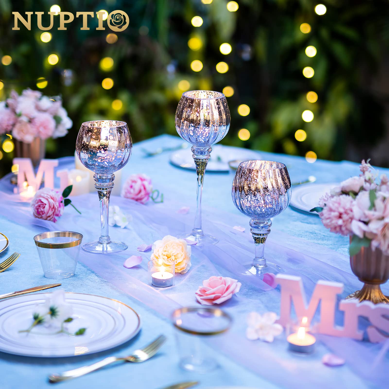 Nuptio Portacandele in Vetro 3 Pezzi Alti Portacandela al Mercurio Grande Porta Candele Argento in Vetro Lungo Stelo Pilastro Centrotavola per Festa Nozze Mantello Natale Decorazione Camino