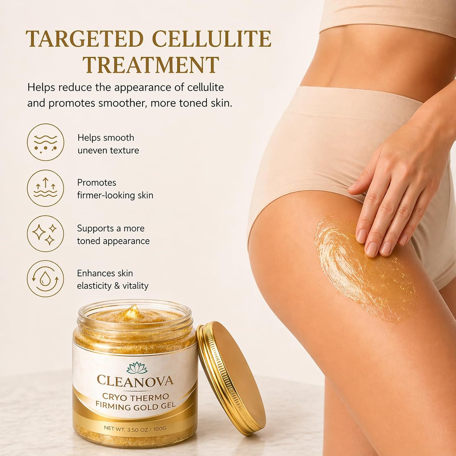 Cleanova Cryo Thermo Firming Gold Gel, 3.5 oz | Targeted Cellulite Gel for Smooth & Firm Skin