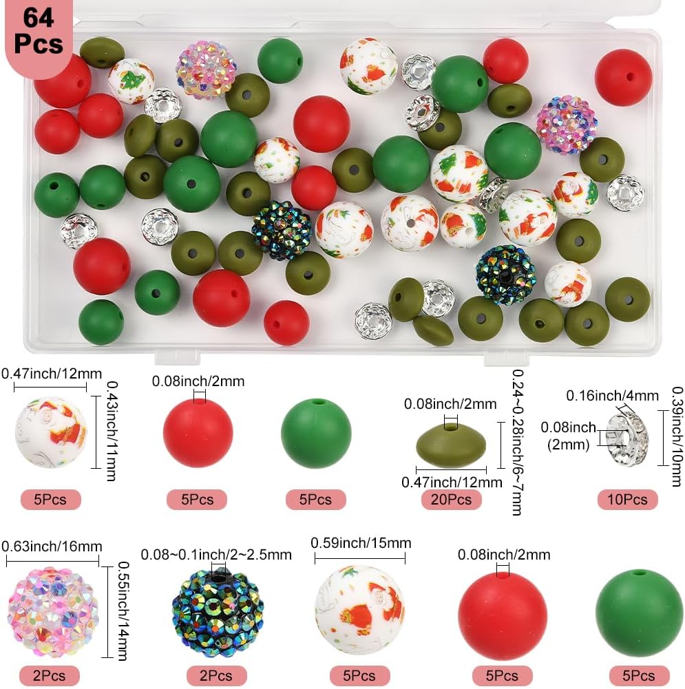 1 Box 64Pcs Christmas Silicone Beads Assorted Red Green Silicone Beads 15mm 12mm Resin Balls Rhinestone Spacers for Jewelry Making Supplies DIY Bracelets Crafts Beadable Pens Holiday Decor
