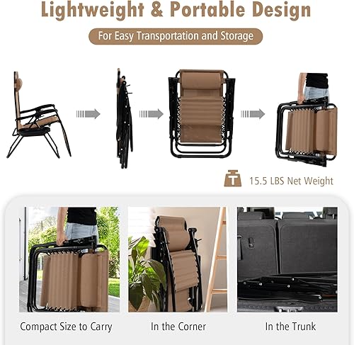Miniatura 8 de Tangkula Zero Gravity - Silla plegable para patio, reclinable, ajustable, con soporte para tazas, reposabrazos anchos para patio, jardín, piscina,