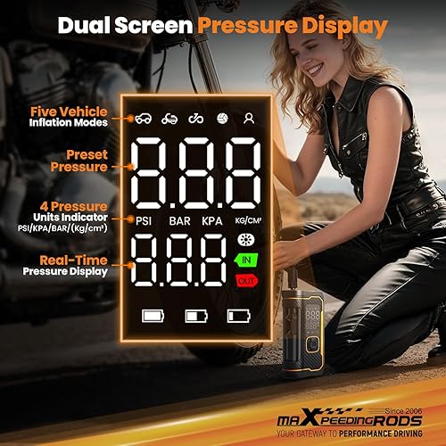 Miniatura 6 de maXpeedingrods Inflador de neumáticos, compresor de aire portátil de 150 PSI, bomba de aire inalámbrica para neumáticos de automóvil con pantallas