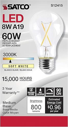 Miniatura 2 de Satco S12415-Bombillas LED A19 transparentes de 8 W, base media, 3000 K, 120 voltios (paquete de 6)
