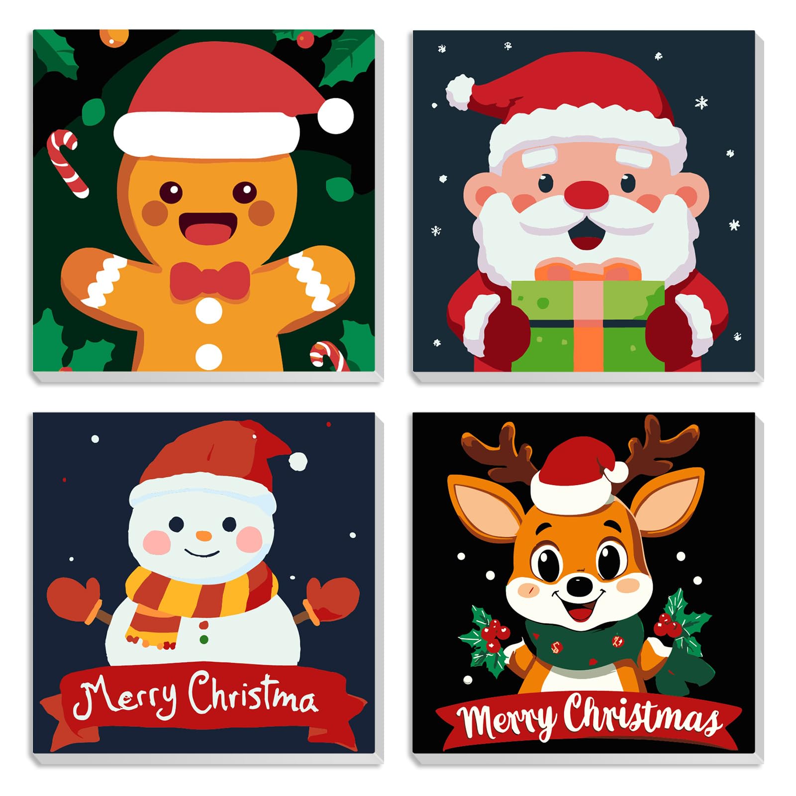 MOTGOM 4 Pack Paint by Numbers Kits for Adult with Frame Wooden Easel, DIY Paint by Numbers Kits for Beginners Christmas Cartoon, for Gift Home Wall Decor 20x20cm