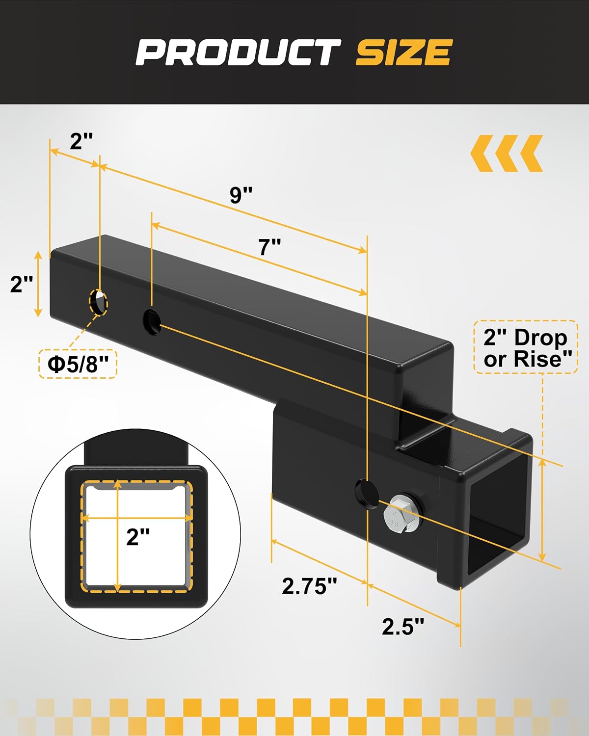 RETURE Trailer Hitch Receiver Adapter, 7500lbs Dual Hitch Extender Receiver, 2" Drop/Riser, 7" and 9" Extension Length, Fits for 2" Trailer Receivers