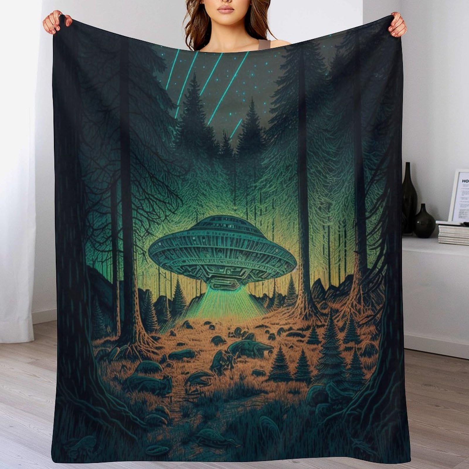 PAZZK Alien Spaceship Blanket Printed Throw Blanket for Kids Child Adults Soft Warm Flannel Blanket for Bed And Couch Bedroom Decor(100×130cm) — image 1