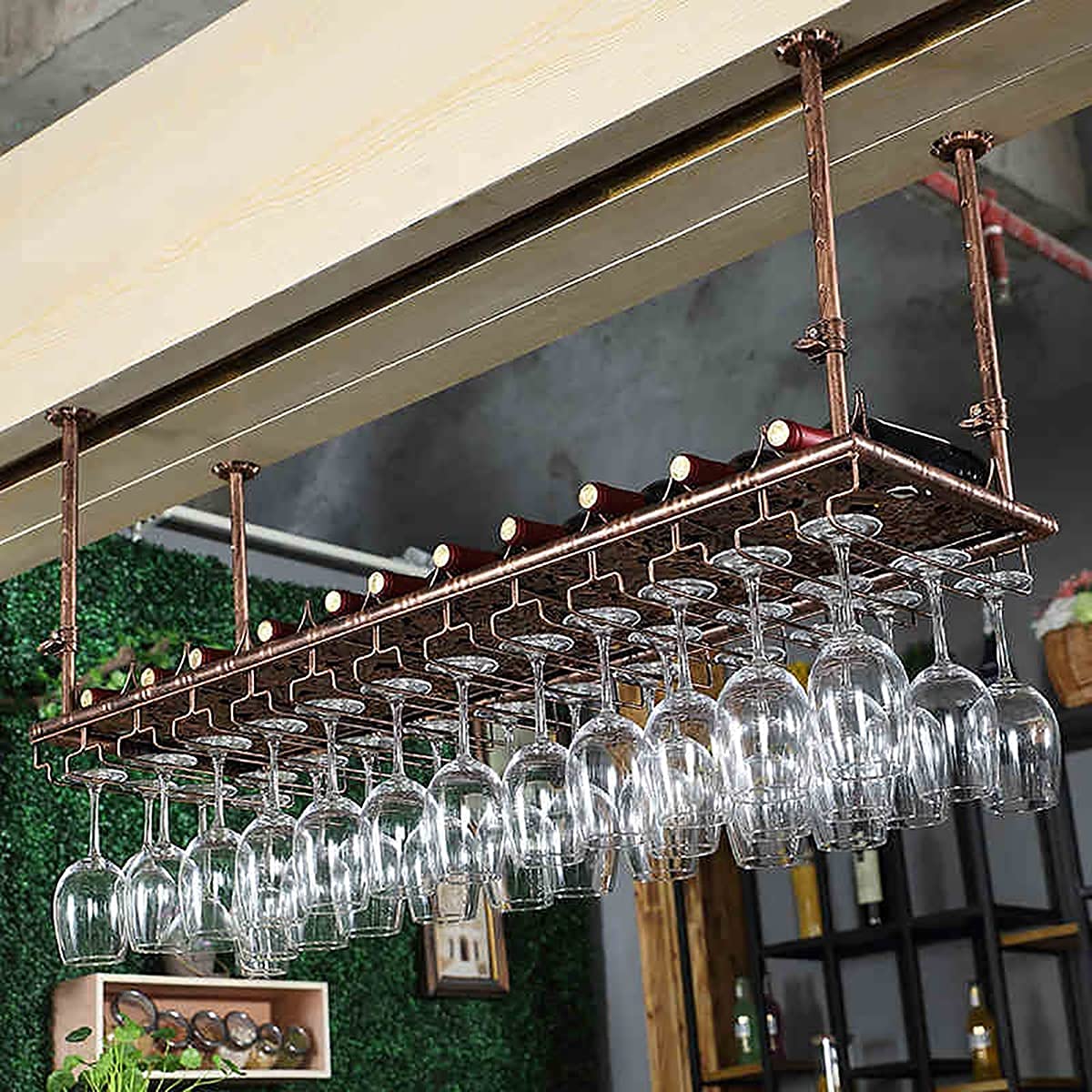 Étagère de décoration pour barres et salons avec support de verre suspendu au plafond