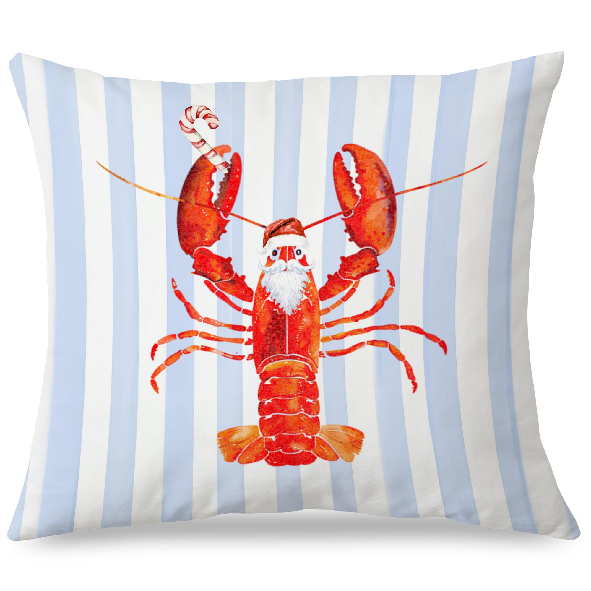 Exqcom Coastal Christmas Lobster Pillow Covers 18x18 Christmas Lobster Decor Xmas Santa Crawfish Beach Blue Striped Throw Pillow
