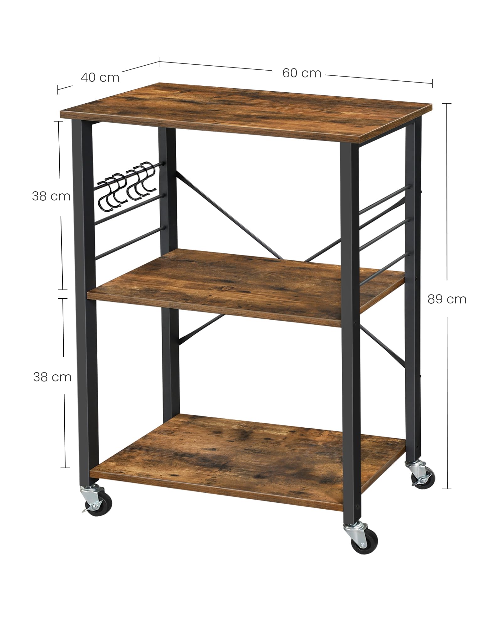 VASAGLE Carrello da Cucina con Rotelle, Carrello di Servizio con 3 Ripiani, Scaffale per Microonde, Struttura Metallica con 6 Ganci, 40 x 60 x 89 cm, Marrone Vintage e Nero Inchiostro KKS60XV1