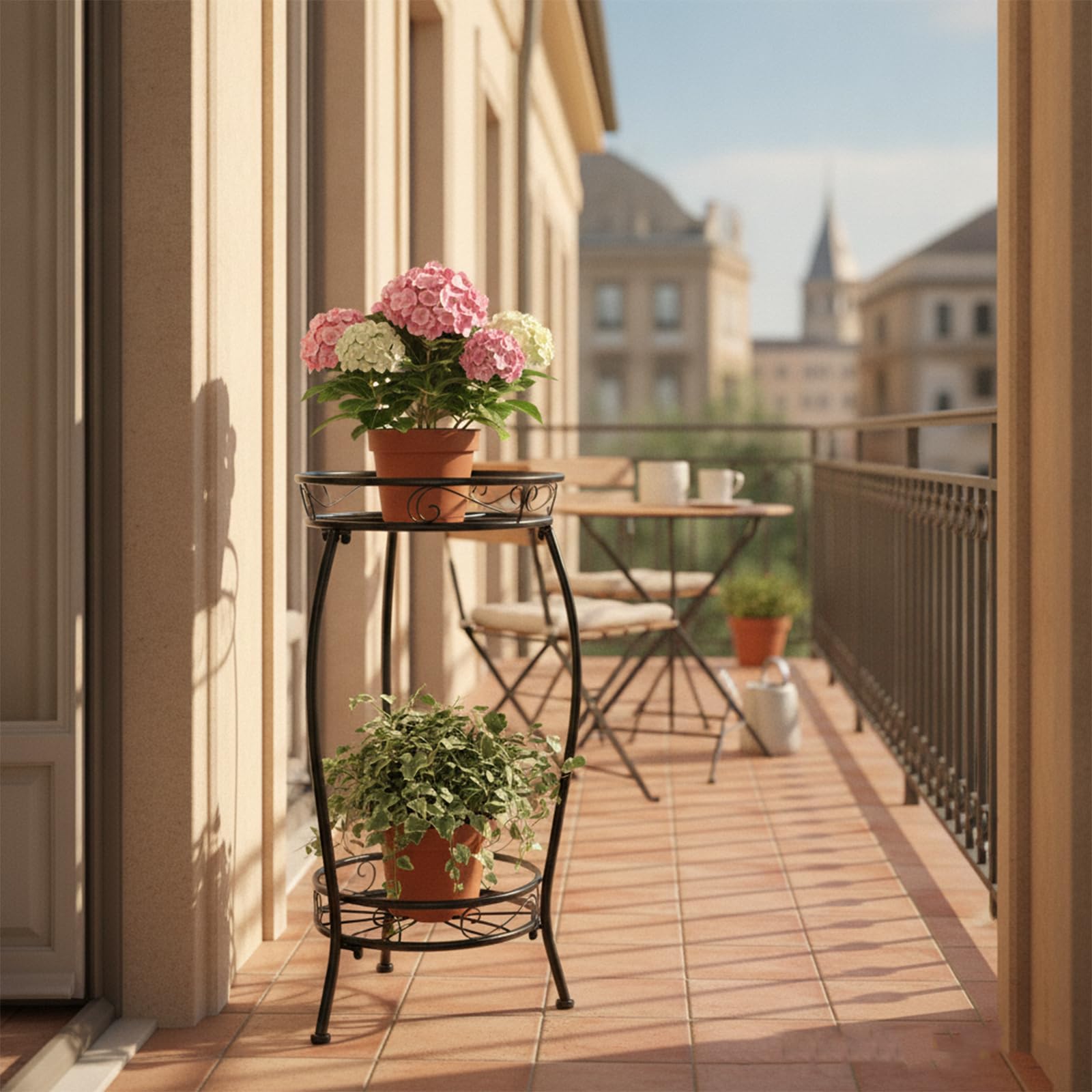 Porta Piante in Metallo Nero a 2 Livelli, Scaffale Portavasi Salvaspazio per Interno ed Esterno, Supporto per Piante Multiple ad Angolo per Balcone, Soggiorno, Patio e Giardino