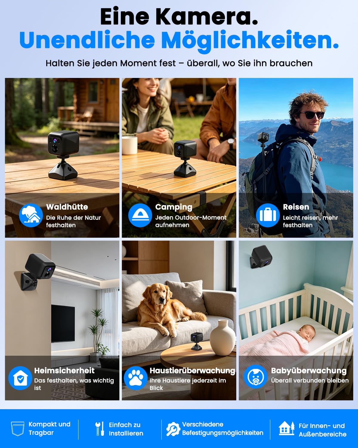 Mini Kamera Überwachungskamera Innen Ohne Wlan, WiFi & AP Hotspot, Kamera Überwachung Außenbereich Akku, 160 Tage Standby, Weitwinkel, Nachtsicht, Kabelloses Kamera für Haus/Haustier, Tiefschwarz