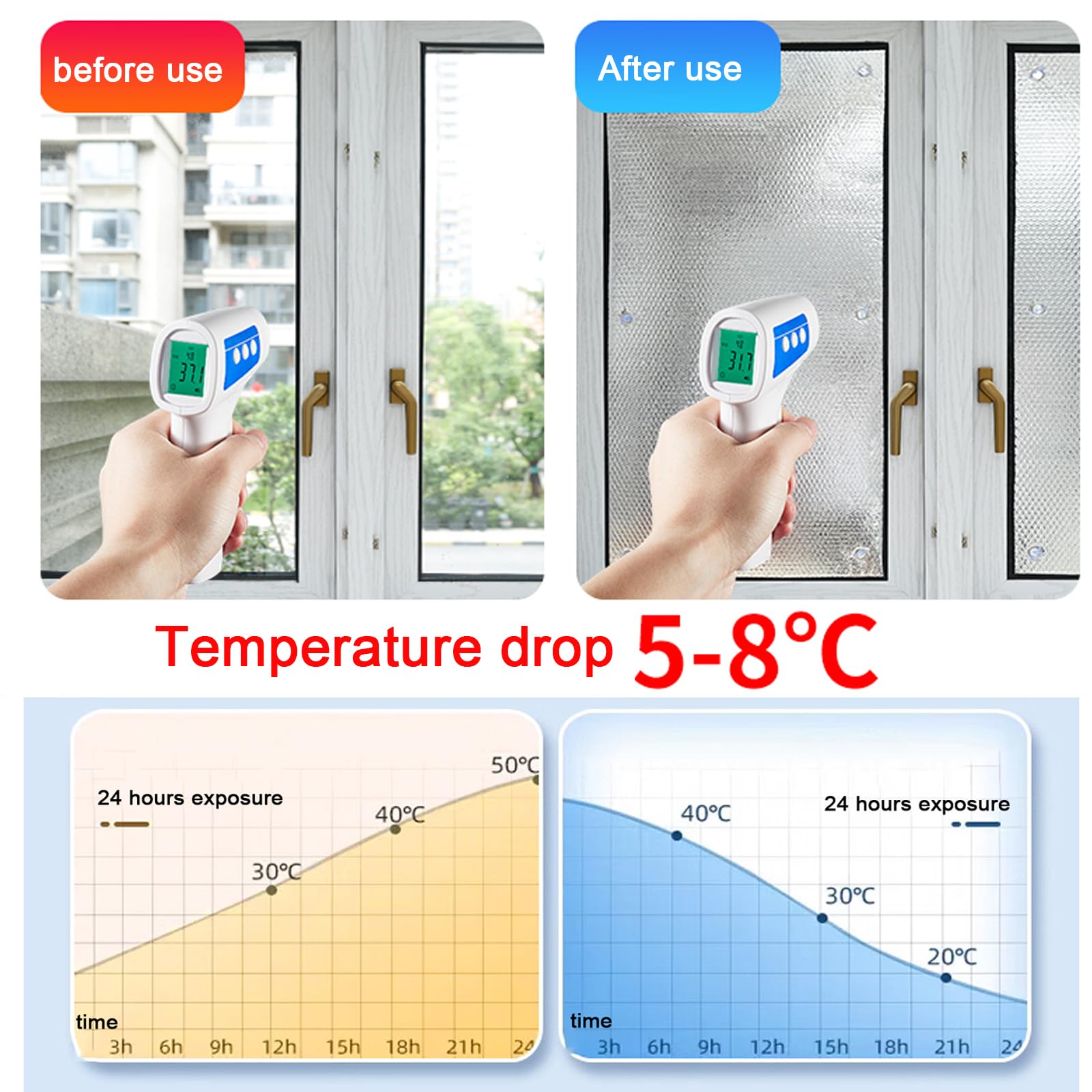 Film de Protection Solaire Anti Chaleur Aluminisé Réutilisable 8 mm d'Épaisseur 40x80 cm